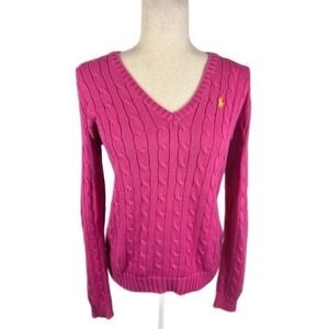 Ralph‎ Lauren Sport Pink Cable Knit V-Neck Sweater Women's Size Medium